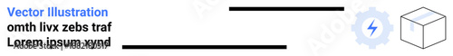 Automation, process management, technology systems, logistics, task optimization, productivity. Stylized gear, lightning bolt and box elements. Automation and process management concept