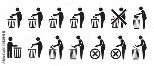 Trash Disposal Instruction Icons Set, No Littering Public Sign Icons, Garbage Bin Usage Stick Figure Symbols, Waste Management Do and Don’t Icon Set. Vector illustration eps 10