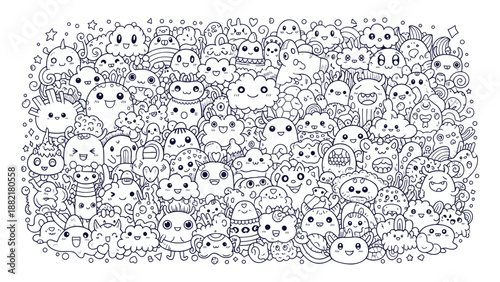Adorable Kawaii Cartoon Doodle Monsters Crowd Seamless Pattern Background Vector Art Illustration