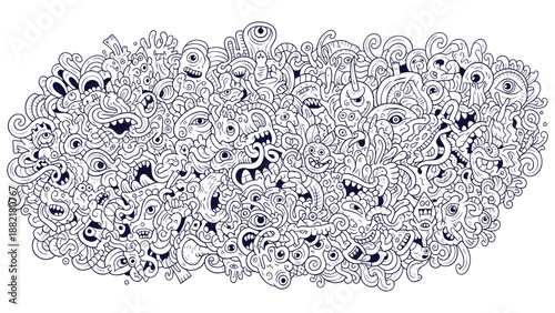 Crazy Psychedelic Doodle Line Art Vector Background Filled with Grotesque Comic Monster Faces