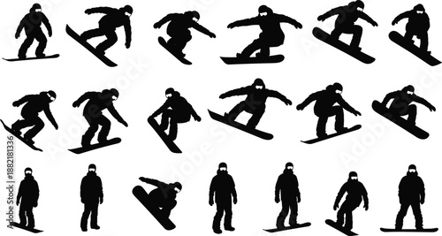 Black silhouette collection of snowboarders performing jumps, tricks, and riding poses, winter extreme sports action set isolated on white background for design use