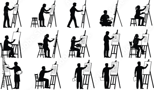 Black silhouette illustration set of artists painting on easels in various creative poses, showing drawing, sketching, and fine art activities isolated on white background
