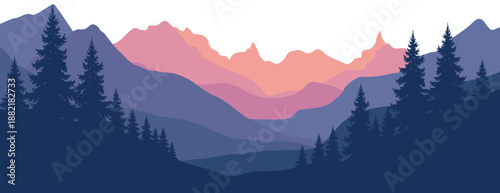 A serene mountain landscape at sunset with silhouetted trees and vibrant colors in the sky