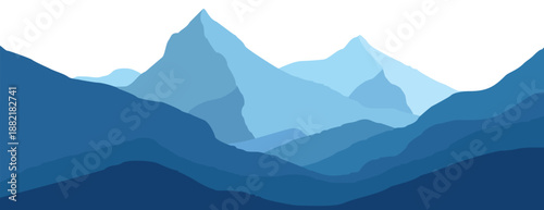 A serene mountain landscape with blue hues and a white sky