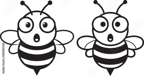 Cute Cartoon Bee Illustrations - Two Surprised Bees, Black and White Line Art