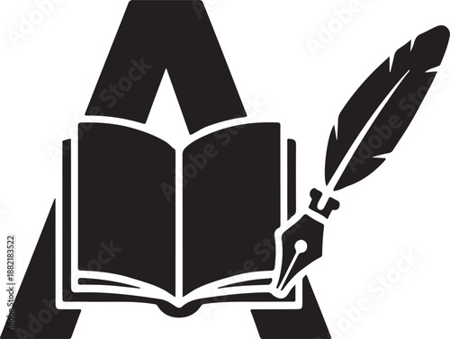 Alphabet a with book and quill pen