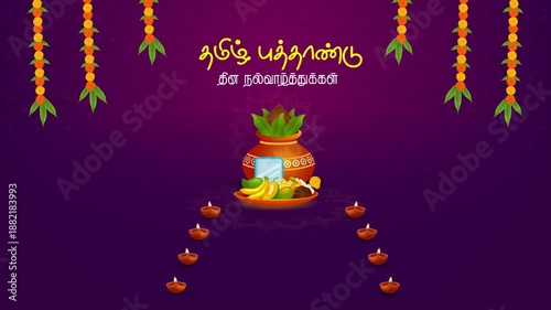 Happy Tamil New Year Illustration with Vishu Flowers, Coconut, Candle, Pots and Indian Hindu Festival Animated Background