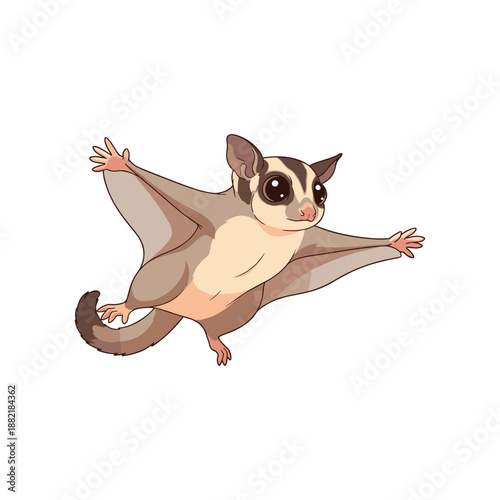 A playful sugar glider gliding through the air with outstretched limbs in a whimsical setting