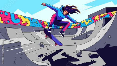 Young athletic woman performing impressive jump trick on skateboard in vibrant urban skate park modern illustration of extreme sport hobby outdoor activity