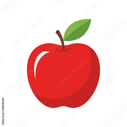 A vibrant red apple with a green leaf, symbolizing freshness and health, isolated on white