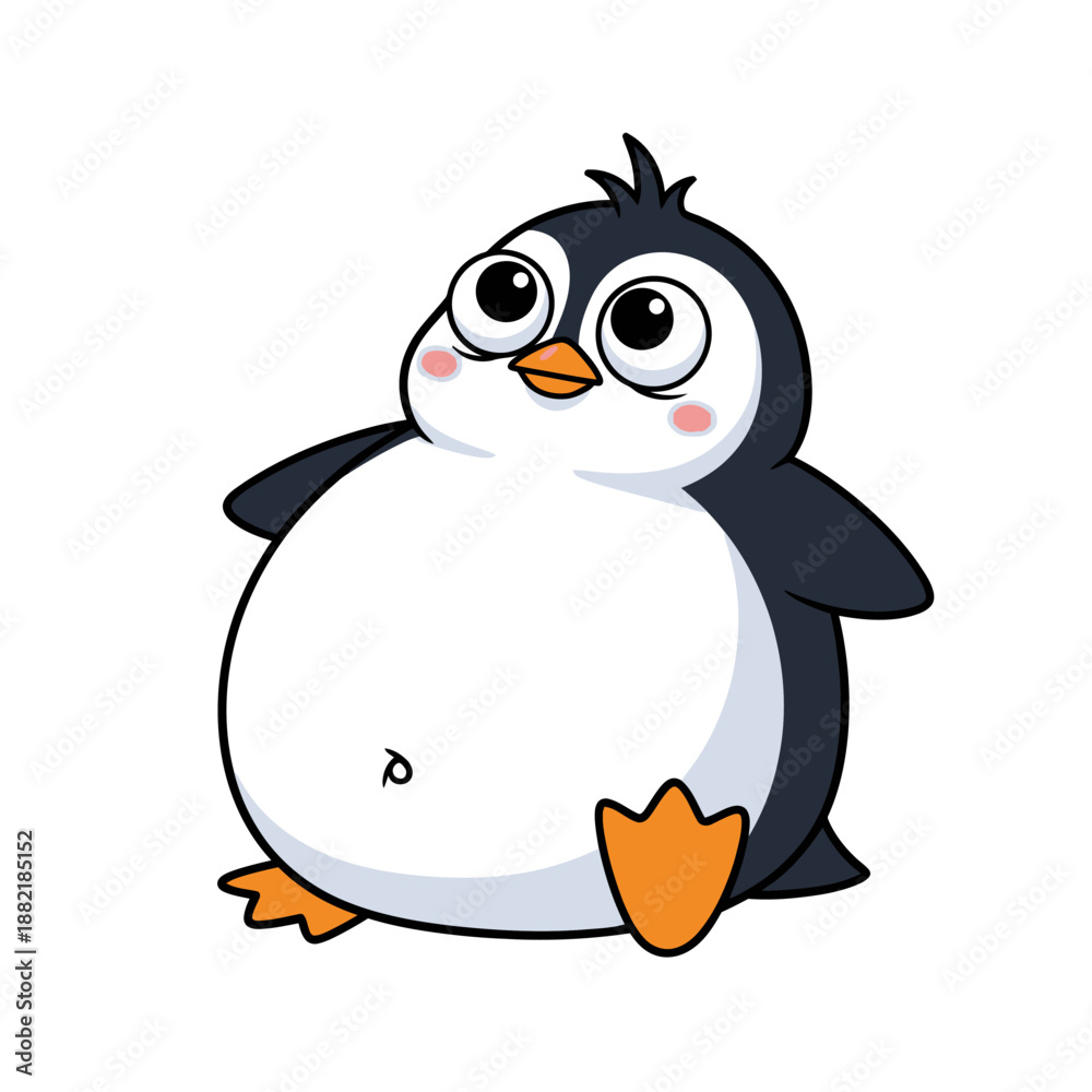 Obraz premium Cute fat penguin character sitting on white background with big expressive eyes and small orange beak for nursery wall art and stickers featuring round body and tiny black wings and feet
