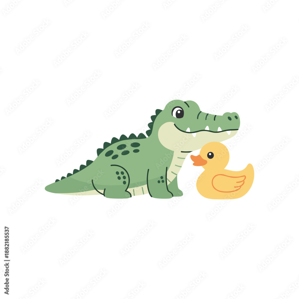 Fototapeta premium Cartoon crocodile and rubber duck interacting playfully in a bright, cheerful setting