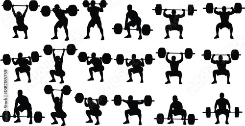 Black silhouette set of weightlifters performing barbell squats, deadlifts, and overhead lifts in gym training poses, strength fitness sports collection isolated on white background
