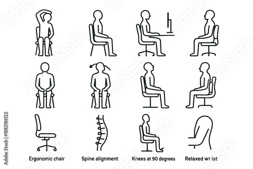 Icon lap floor icons healthy posture level back wrist tilt hands vector