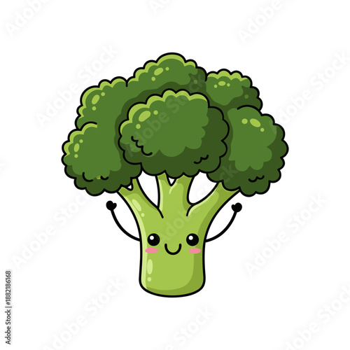 Cheerful cartoon broccoli character with arms raised, symbolizing health and nutrition