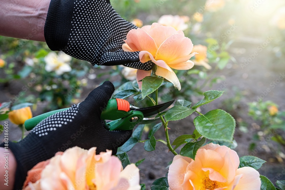 Obraz premium Orange roses pruning in garden with secateurs, floral gardening work and plant care concept