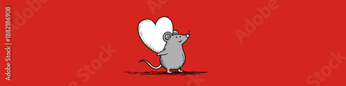 Cartoon gray rat running with a large red heart on a solid red background. Cute gray rat carrying red heart running