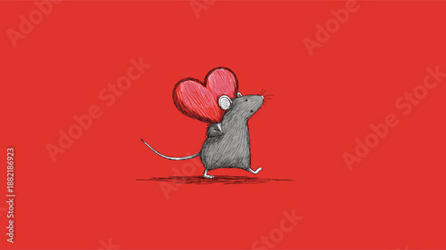 Cartoon gray rat running with a large red heart on a solid red background. Cute gray rat carrying red heart running