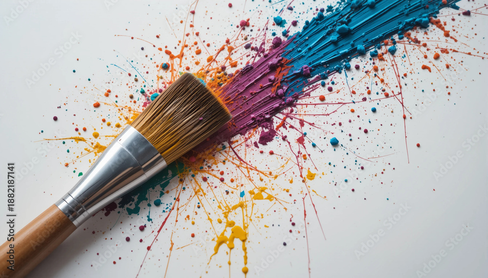 Obraz premium Makeup brush stained with dried paint on a white surface creating a colorful splash