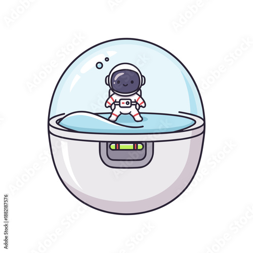 Cute astronaut figurine inside a transparent dome with water, set against a whimsical background