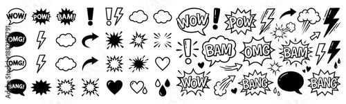 Comic boom cartoon effect line element set. Comic speech bubble pow, boom text, explosive splash smoke, wow cartoon vector icon. Hand drawn sketch doodle explosive element. Vector illustration.