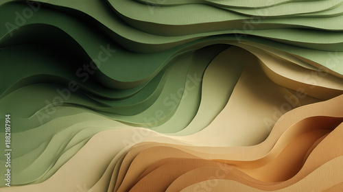 Organic abstract background inspired by nature: layered topographic shapes like carved paper, moss-green and sand tones, soft sunlight