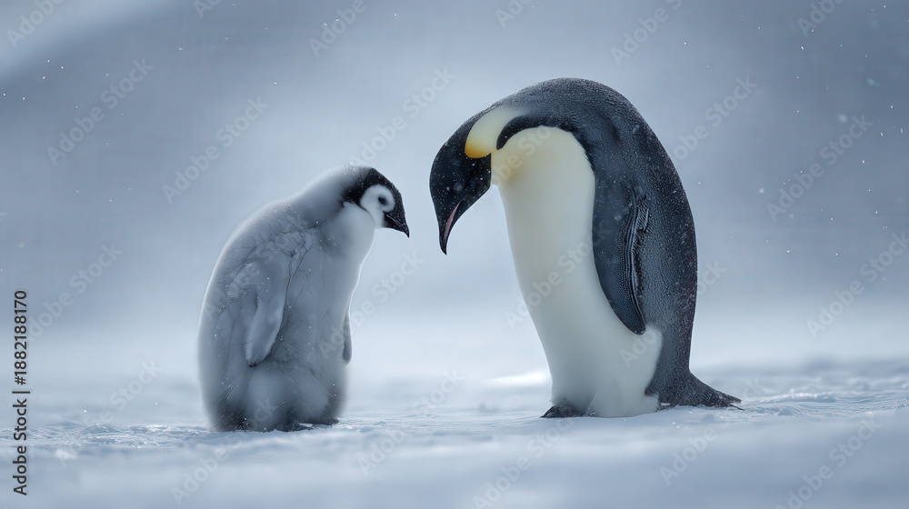 Fototapeta premium Emperor Penguin Family Standing on Antarctic Ice in Winter