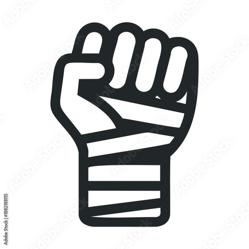 Clenched fist icon with bandages wrapped around the wrist and hand, symbolizing strength, power, and determination in a minimalist black outline style.