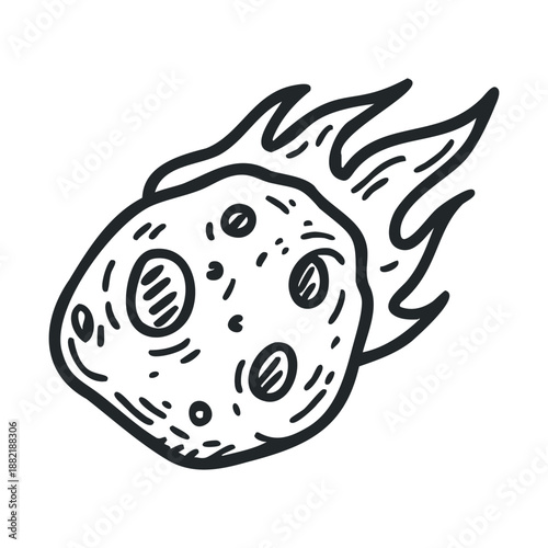 Cartoon hand-drawn meteor with a fiery tail streaks across the cosmos, depicted in a simple black and white outline style for space-themed designs and educational materials.