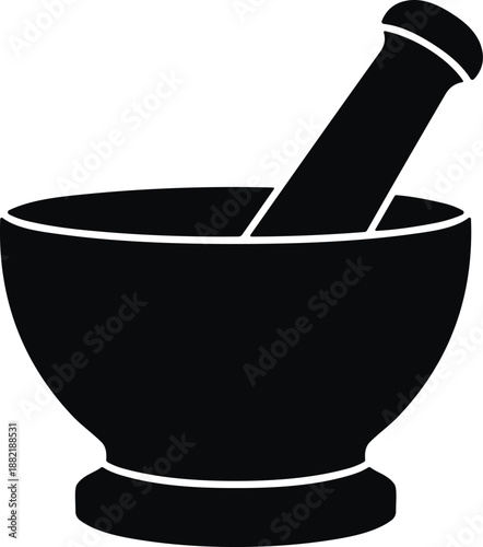 Black mortar and pestle silhouette icon for pharmacy medicine and kitchen cooking laboratory research spice grinding apothecary healthcare and herbalism