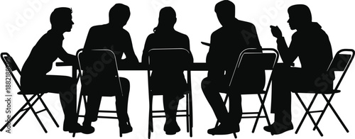 Business meeting silhouette featuring diverse team of professional people sitting around table for corporate office discussion and creative brainstorming sessions