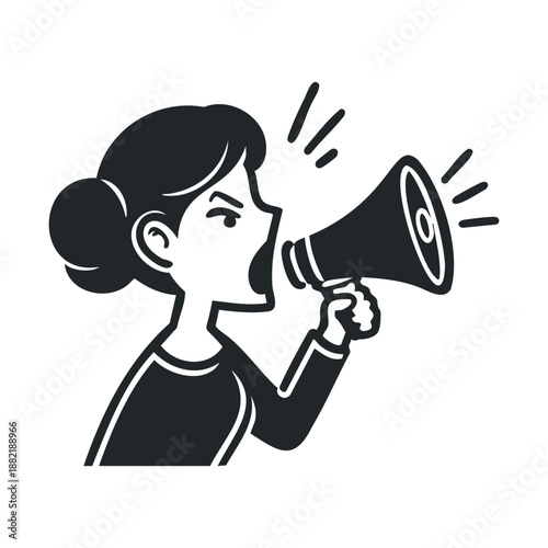 Woman shouting into a megaphone makes an important announcement or protest, using the loud speaker to amplify her voice and spread a message.