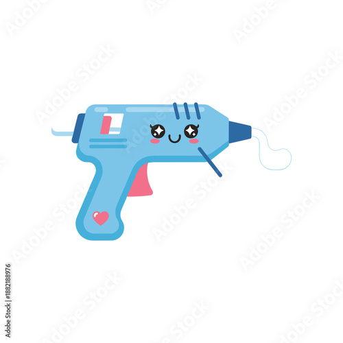 Cute cartoon hot glue gun character with expressive face, set against a simple white background