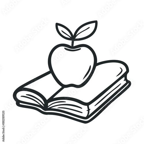 Fresh apple with leaves resting on an open textbook, symbolizing education, learning, and academic pursuit in a clean, hand-drawn line art illustration.