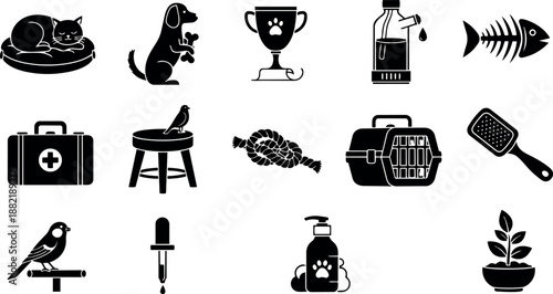 Silhouette collection of pet care icons including cat sleeping, dog holding bone, bird on stool, pet carrier, grooming brush and medical kit