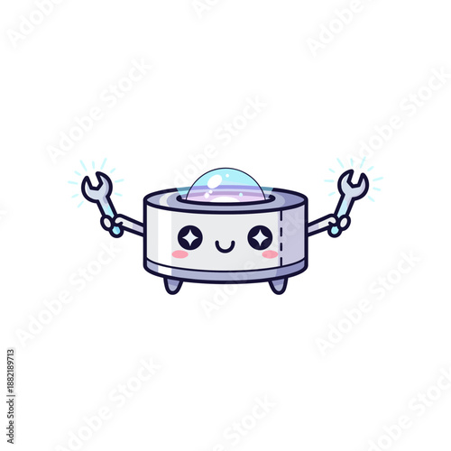 Cute cartoon robot with a dome and wrenches, smiling cheerfully in a minimalist setting