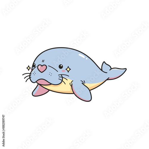 Cute cartoon seal swimming happily with a heart-shaped expression against a white background