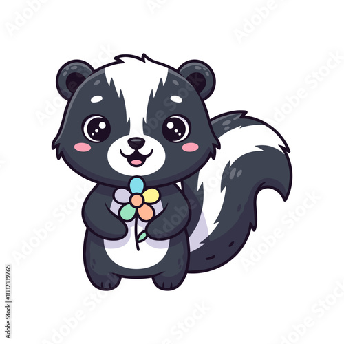 Cute cartoon skunk holding a flower with a cheerful expression against a simple background