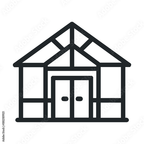 Simple line art icon of a greenhouse, perfect for representing gardening, botany, or agricultural concepts in a clean, modern design.