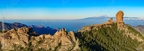 Roque Nublo Aerial View, Volcanic Landmark with Mount Teide and Tenerife in Background, Gran Canaria, Spain - 8K Cinematic Panorama