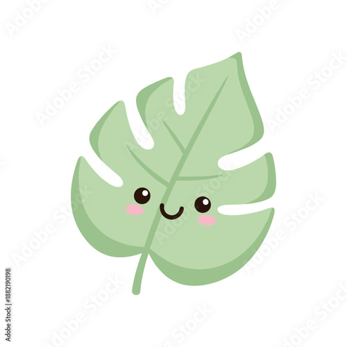 Cute smiling green leaf character with cartoonish features on a plain white background