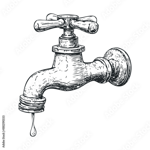 Old fashioned water tap with a single water droplet slowly dripping from its spout, rendered in a classic engraved illustration style.