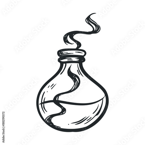 Potion bottle with mysterious liquid and swirling vapor emanating from its opening, rendered in a classic hand-drawn sketch style.