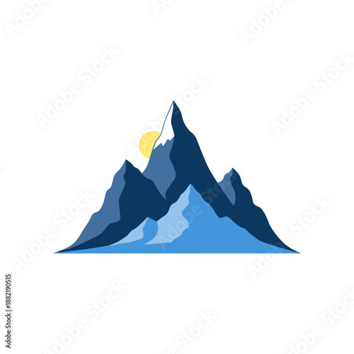 Majestic mountain range under a bright sun with serene blue tones and smooth contours