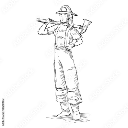 Handdrawn female firefighter illustration