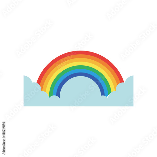Vibrant rainbow arching over soft clouds against a clear blue sky, symbolizing hope and joy
