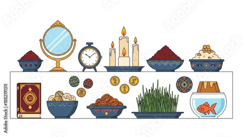 Nowruz celebration elements with traditional persian items and haft seen arrangement on white background