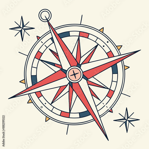 Vintage nautical compass rose illustration showing cardinal directions and points on transparent background