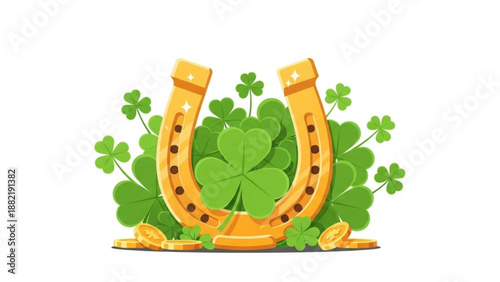 Golden horseshoe with four leaf clover and coins for good luck symbol