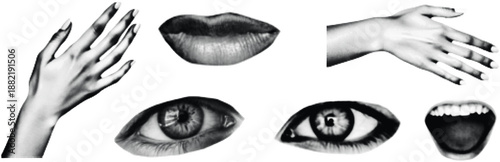 Halftone Body Parts Collage Set Eye Hand Lips Mouth Dot Texture Art Vector Illustration